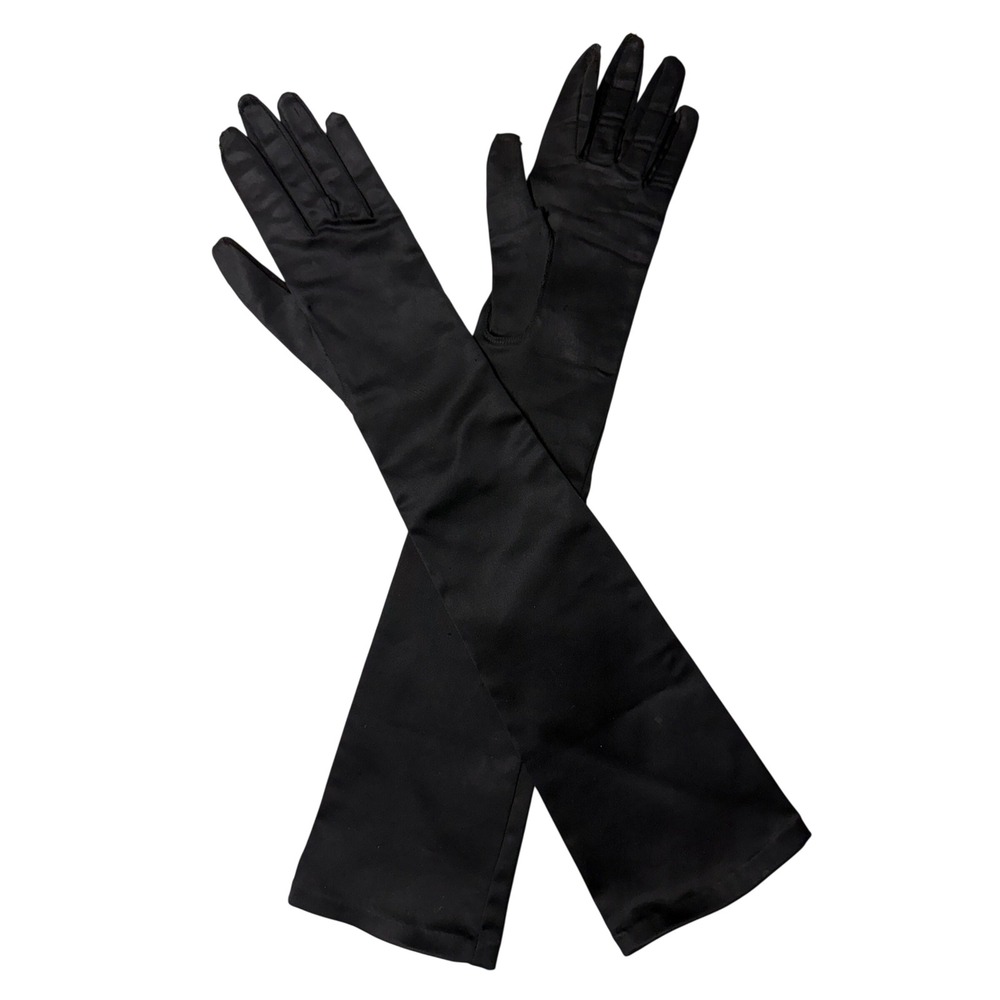 Vintage Black Satin Opera Length Evening Gloves Formal Over the Elbow 19 Inch